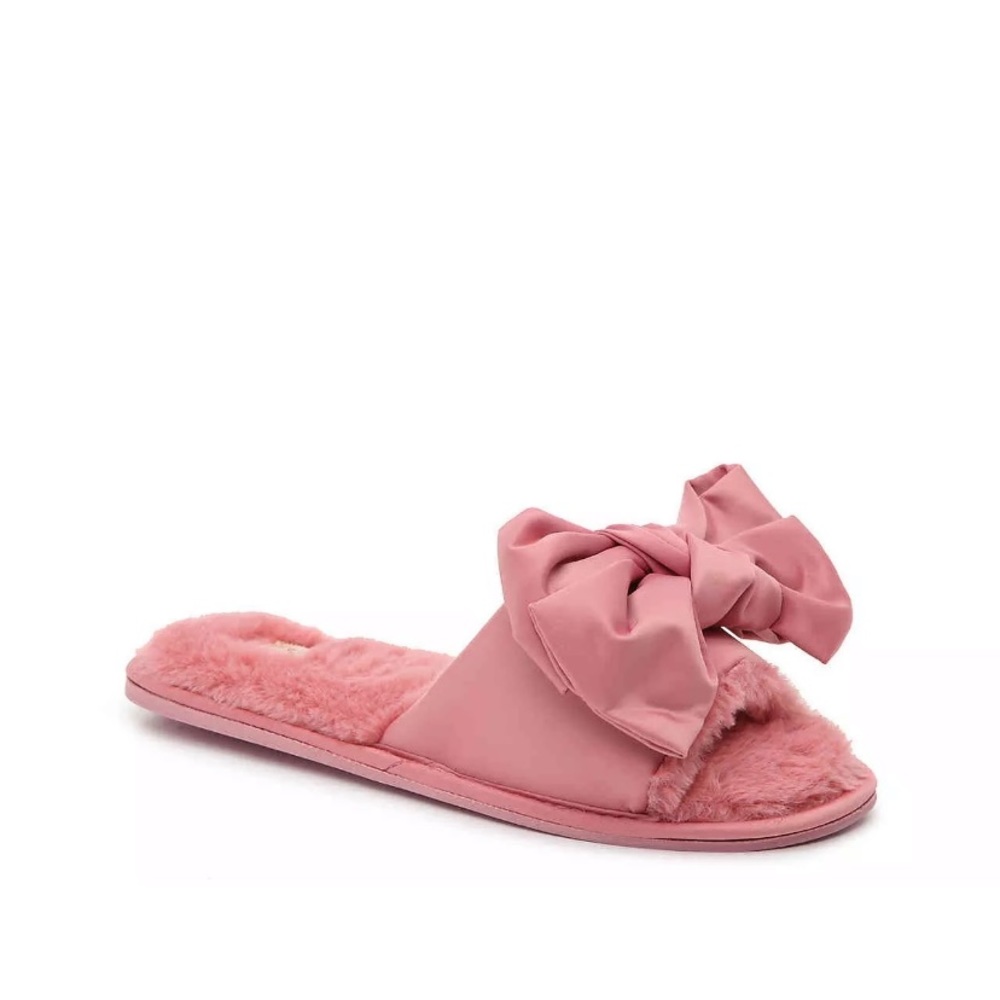 Chinese Laundry Satin Bow Pink Slippers Faux Fur